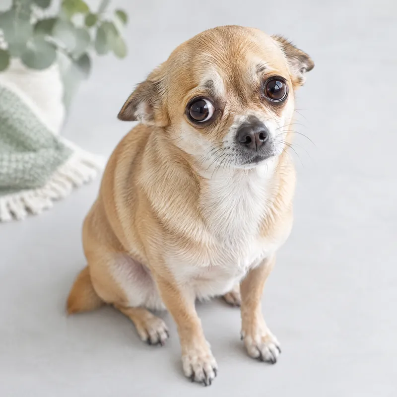 Small chihuahua with worried eyes sitting on the floor