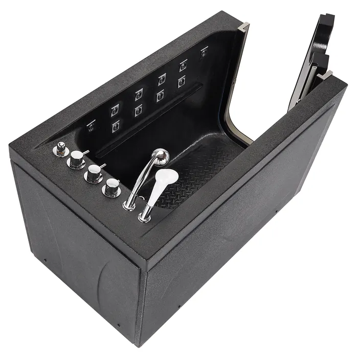 Black walk-in pet tub with chrome controls, jets on the wall and the hand-held shower