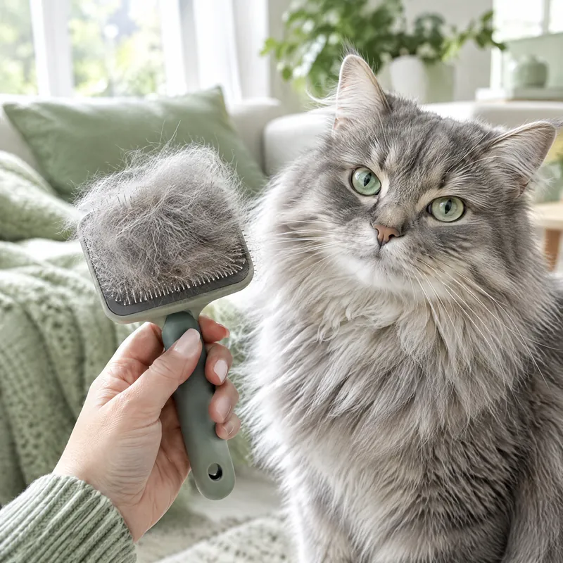 Grooming brush full of loose grey fur next to a long-haired cat