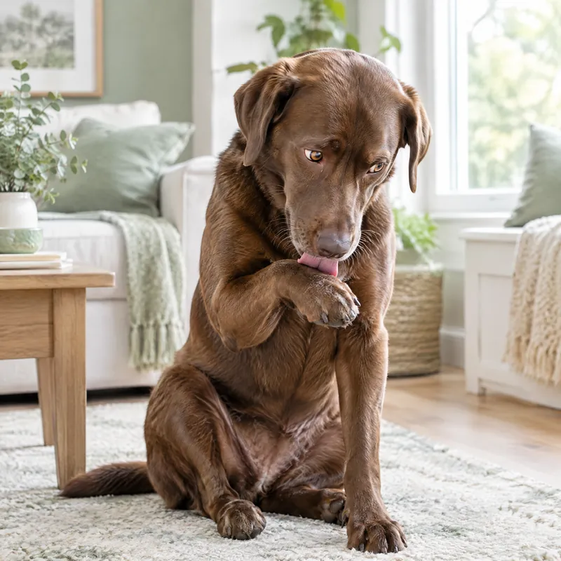 Chocolate Labrador licking its front paw