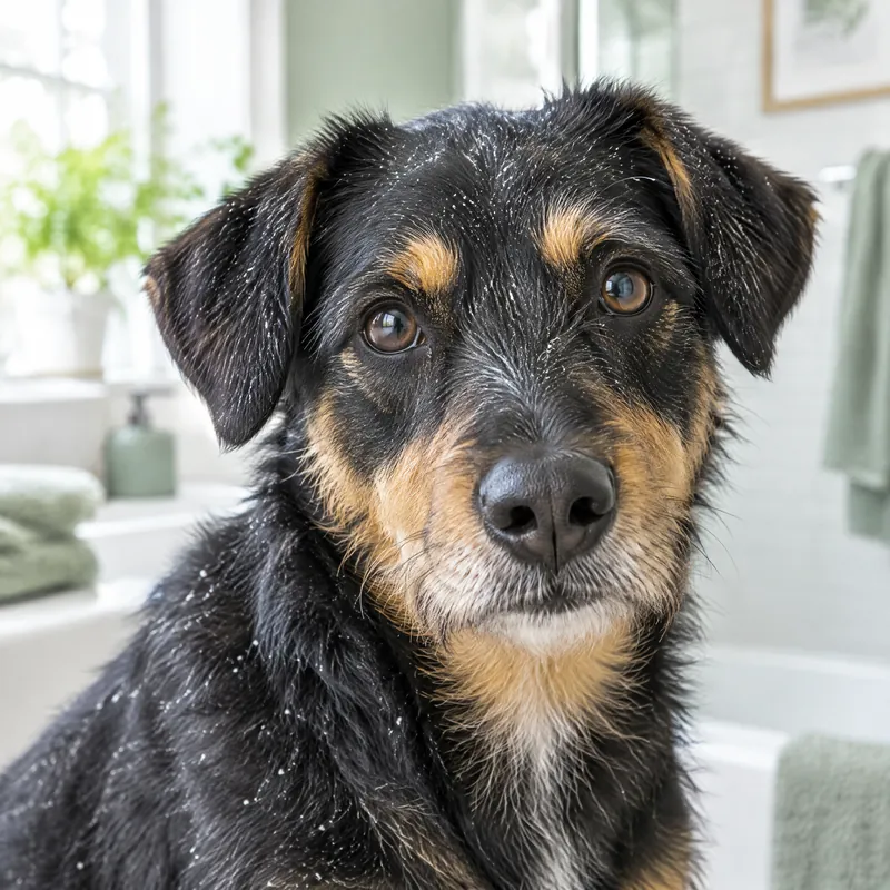 Black and tan dog with white dandruff flakes on its coat