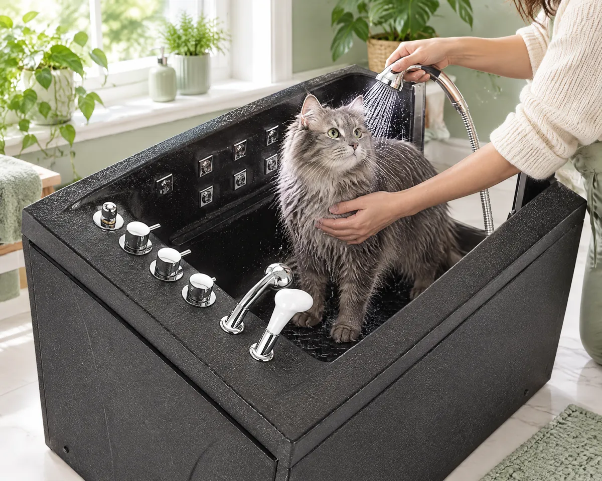 Fluffy grey cat standing calmly in the black walk-in pet tub while a woman rinses it with the hand-held shower