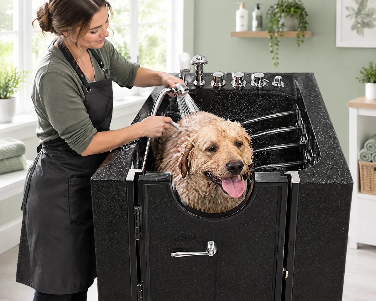 Professional groomer rinsing a doodle in a black walk-in dog tub in a grooming salon