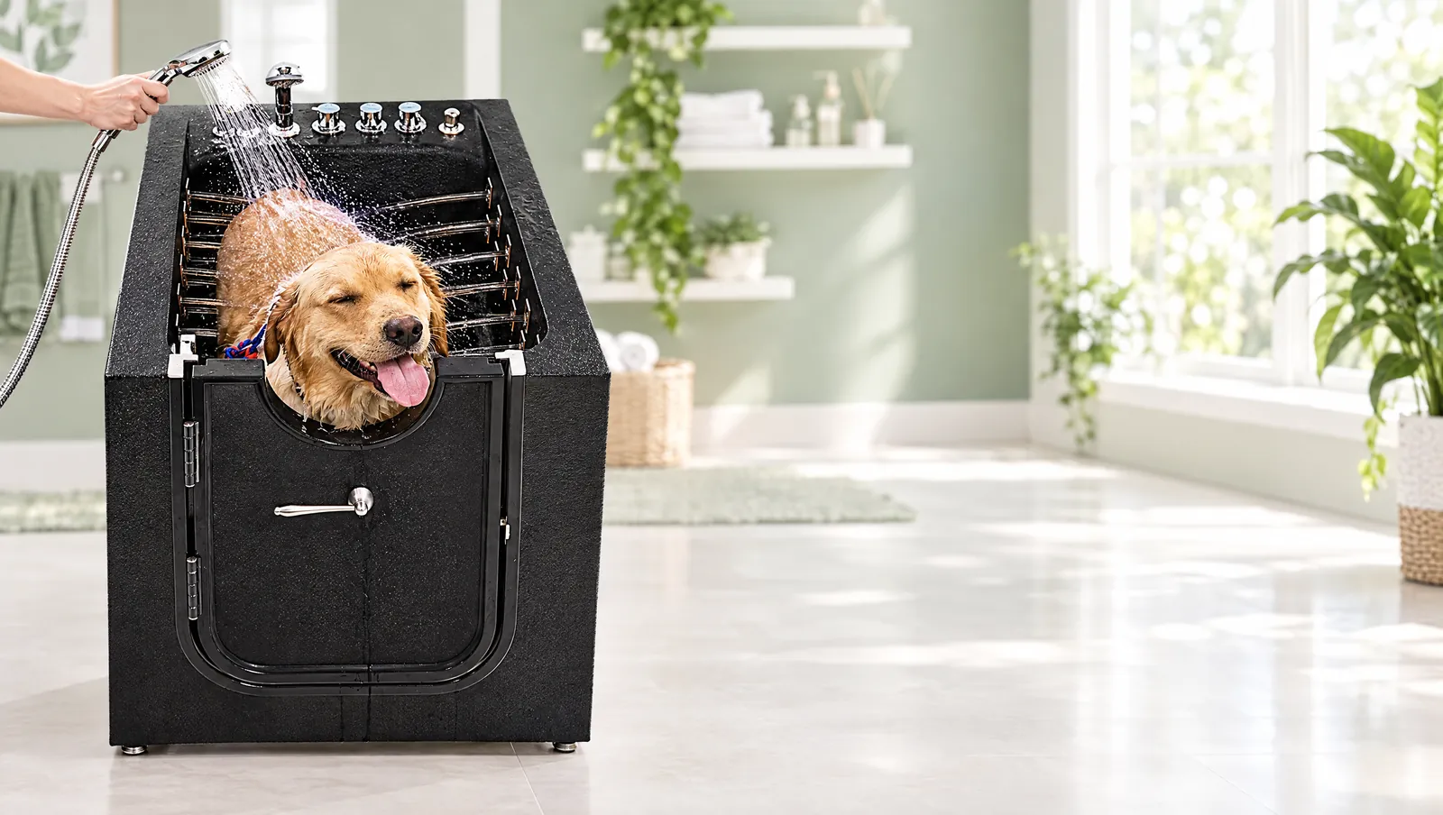 Happy wet golden retriever standing in a black walk-in pet bathing tub while a hand-held shower rinses it