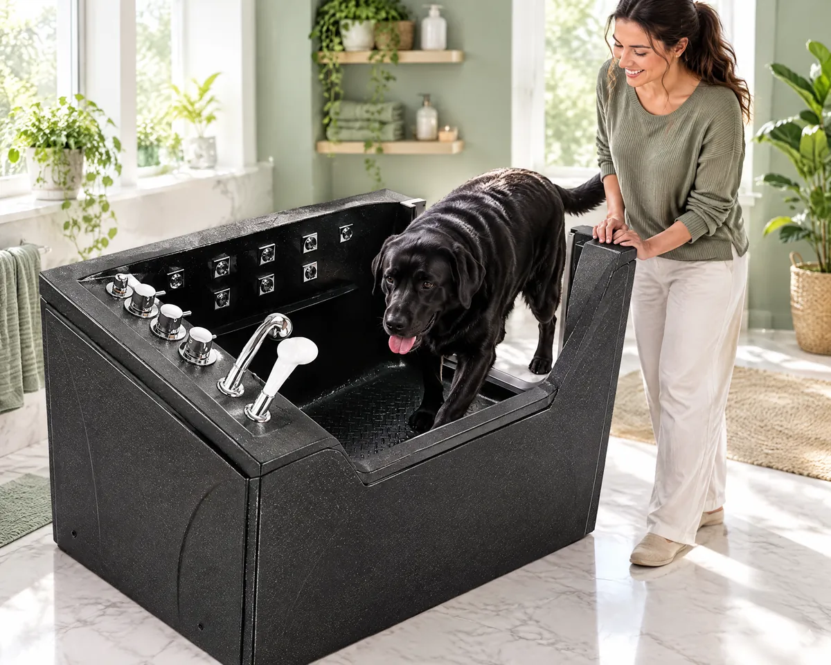 Large black Labrador walking into the black walk-in pet tub through the open side door while a woman smiles beside it