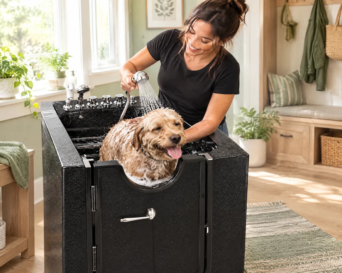 Woman bathing a fluffy doodle in a black walk-in pet tub in a home mudroom