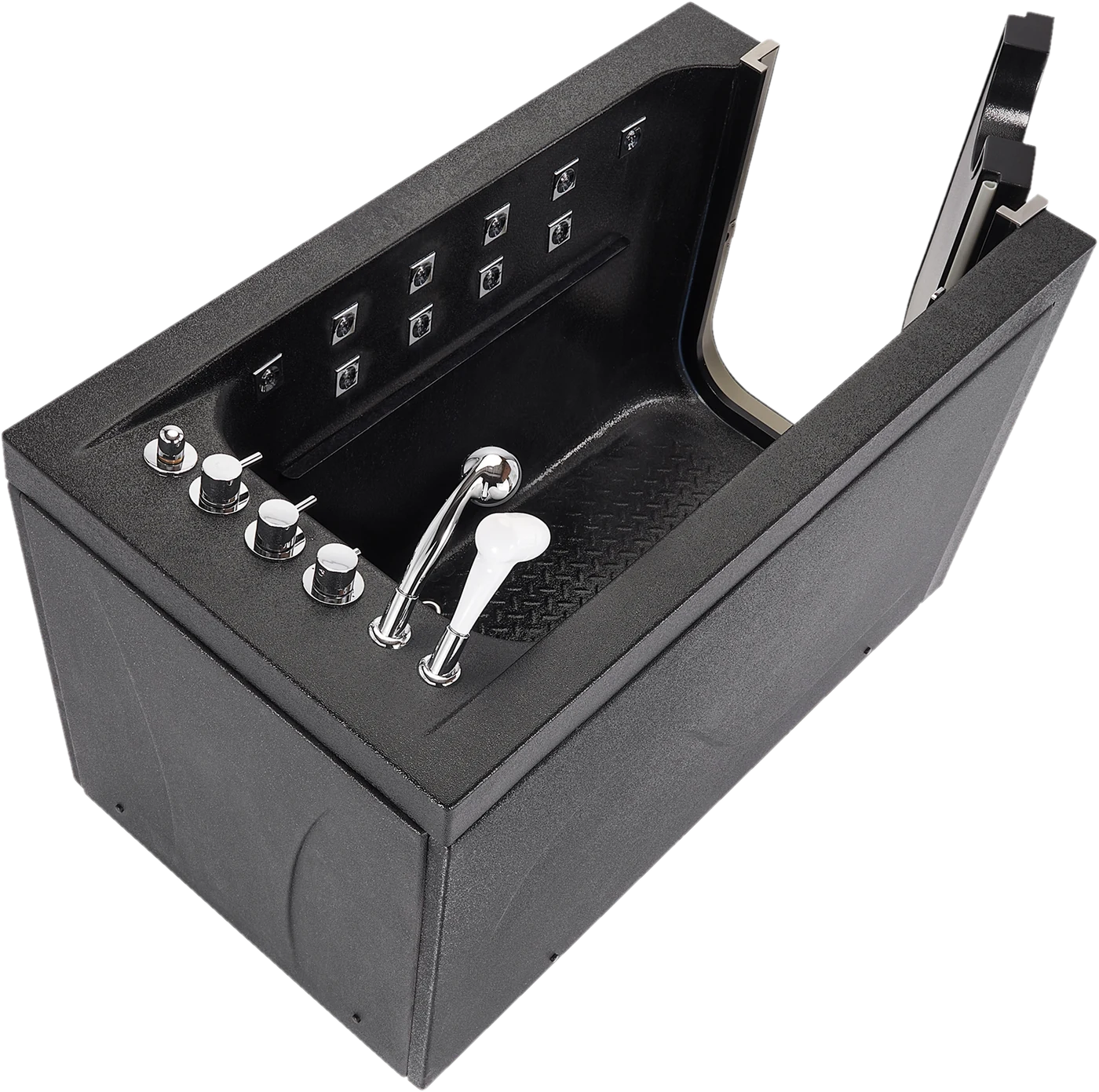 Black acrylic walk-in pet spa tub with its side door open, chrome hydromassage jets and a hand-held shower