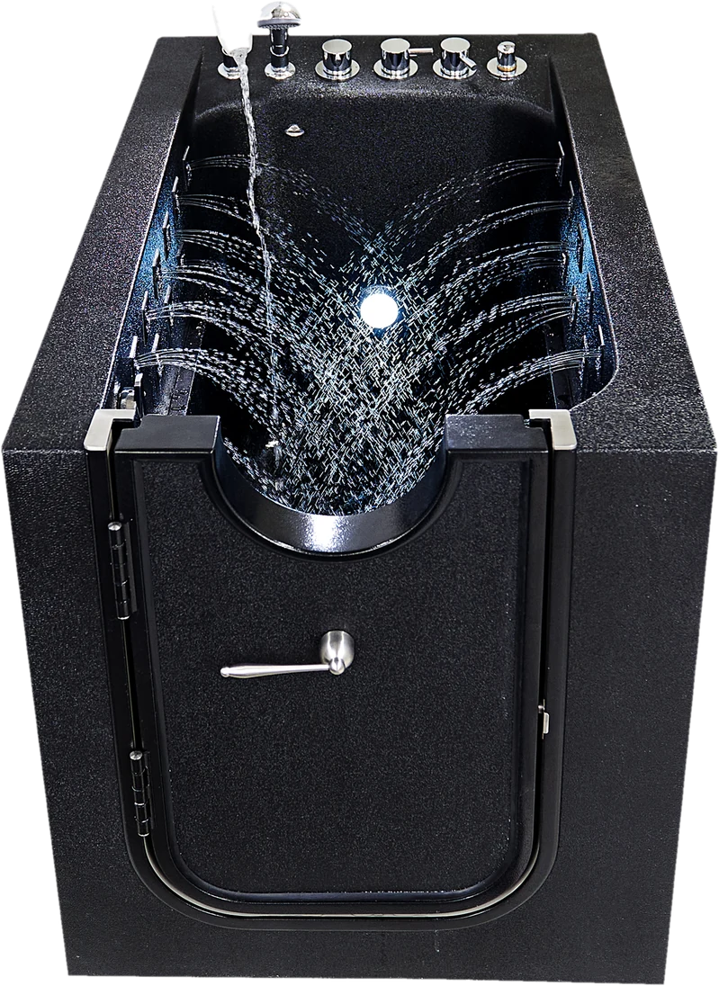 Front view of the black walk-in dog bathing tub with streams of water arching across from both walls