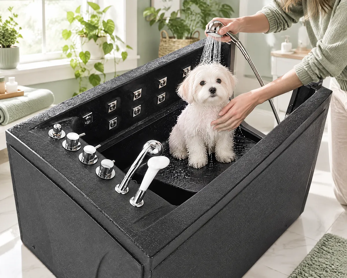 Small white puppy sitting on the raised platform inside the black walk-in pet tub while a hand rinses it with the hand-held shower