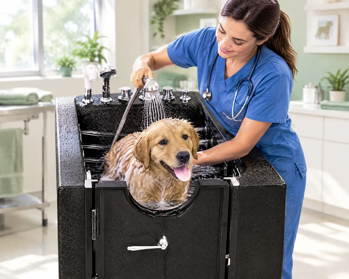 Veterinarian in scrubs bathing a golden retriever puppy in a black walk-in pet tub