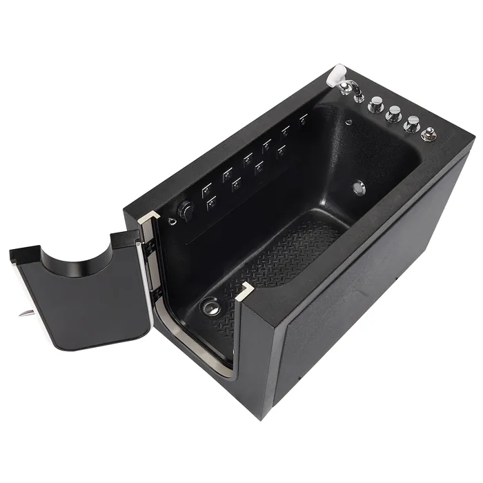 Black walk-in pet tub with the side door fully open and the interior visible